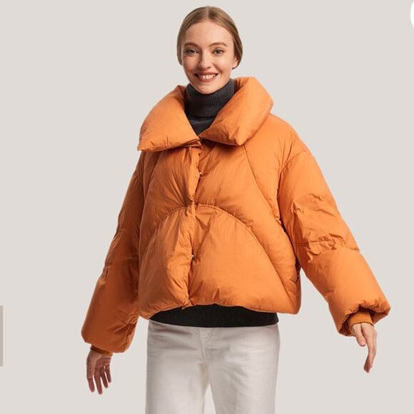 Gentle Herd Spice Orange Down Filled Short Quilted Retro Puffer Jacket Coat NWT - Picture 7 of 12